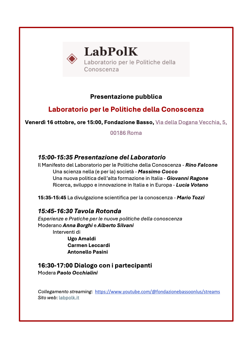 Programma: 15:00 presentazione del Laboratorio; 15:35 divulgazione scientifica con Mario Tozzi; 15:45 tavola rotonda con Ugo Amaldi, Carmen Leccardi e Antonello Pasini; 16:30 dialogo con i partecipanti.